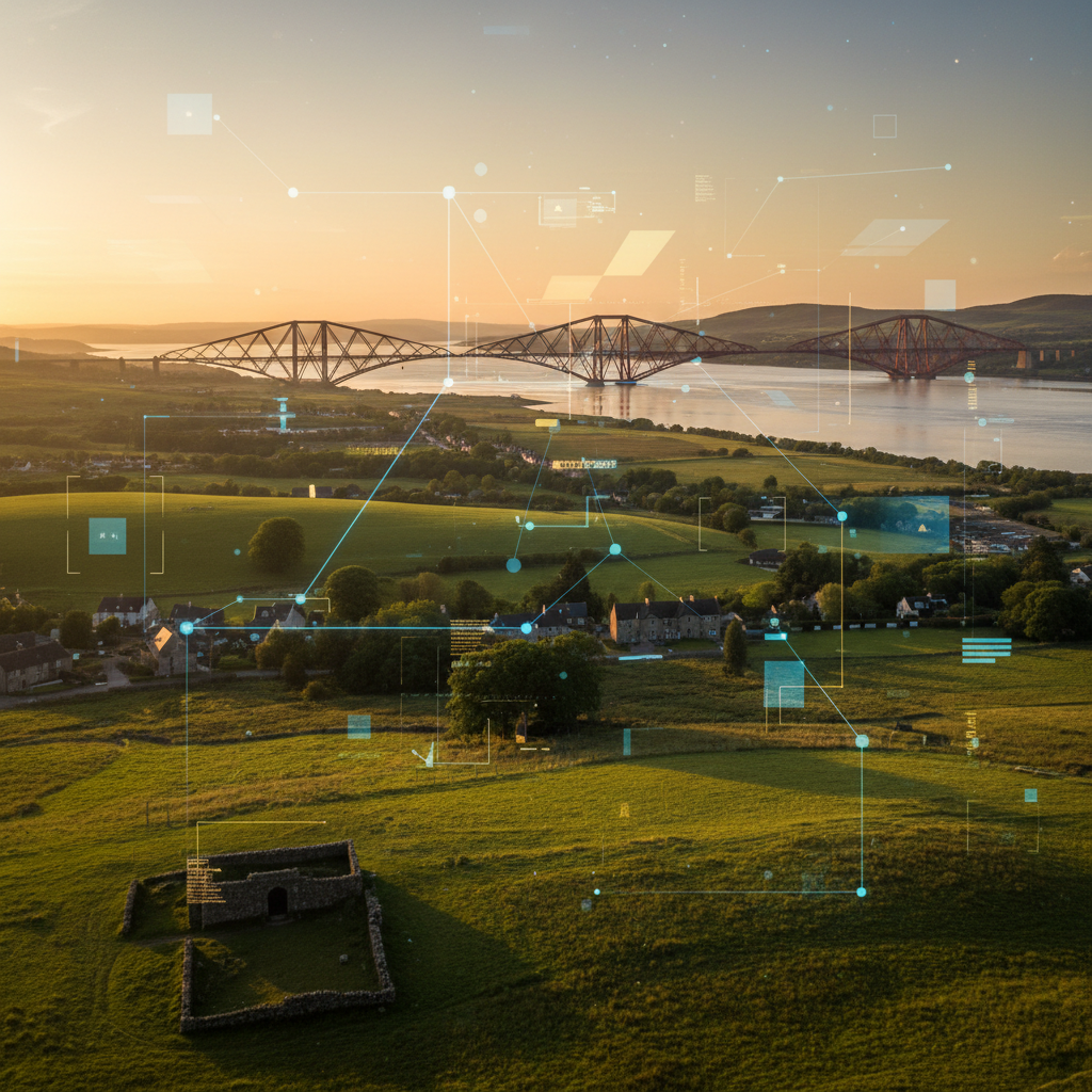 Scottish landscape with digital technology overlay