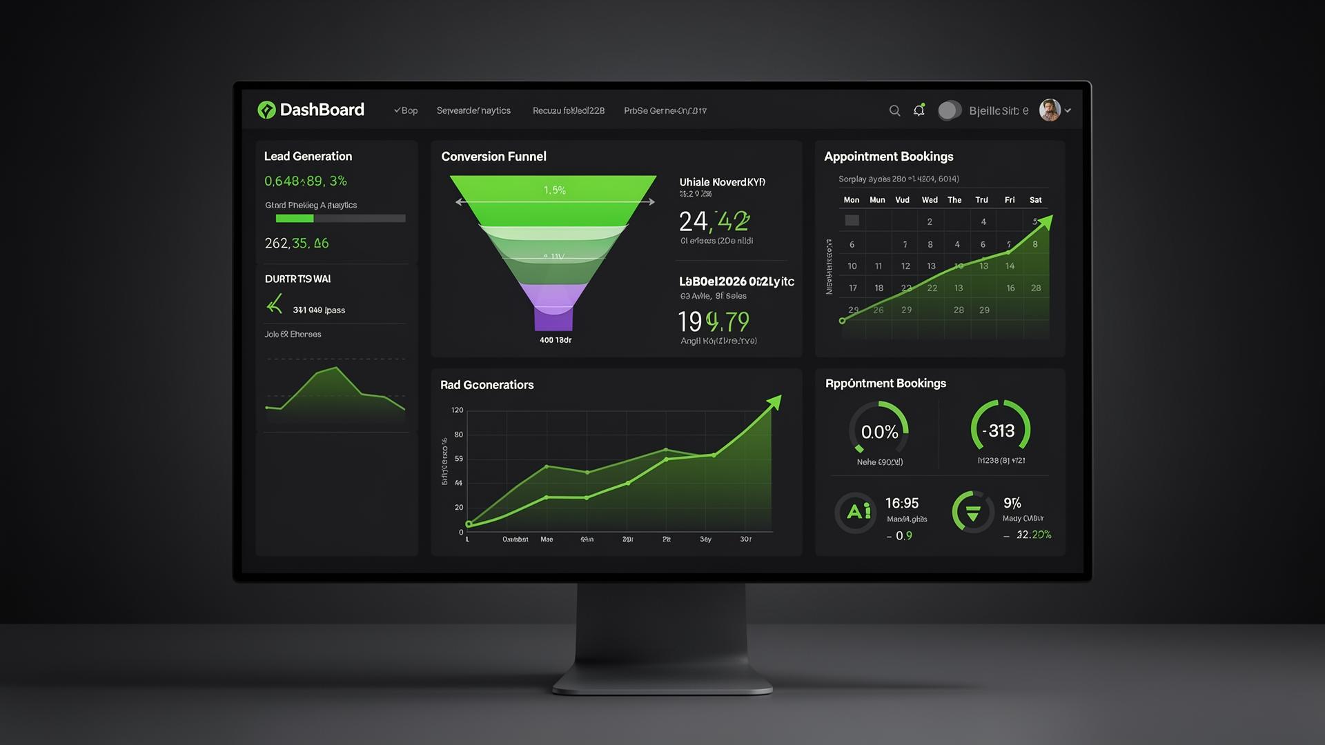 Lead generation analytics dashboard showing conversion funnel and appointment bookings