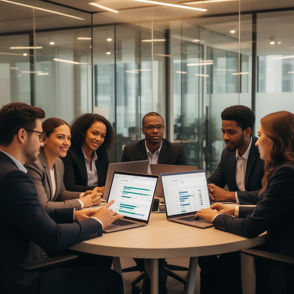 Sales team reviewing lead data in a professional meeting