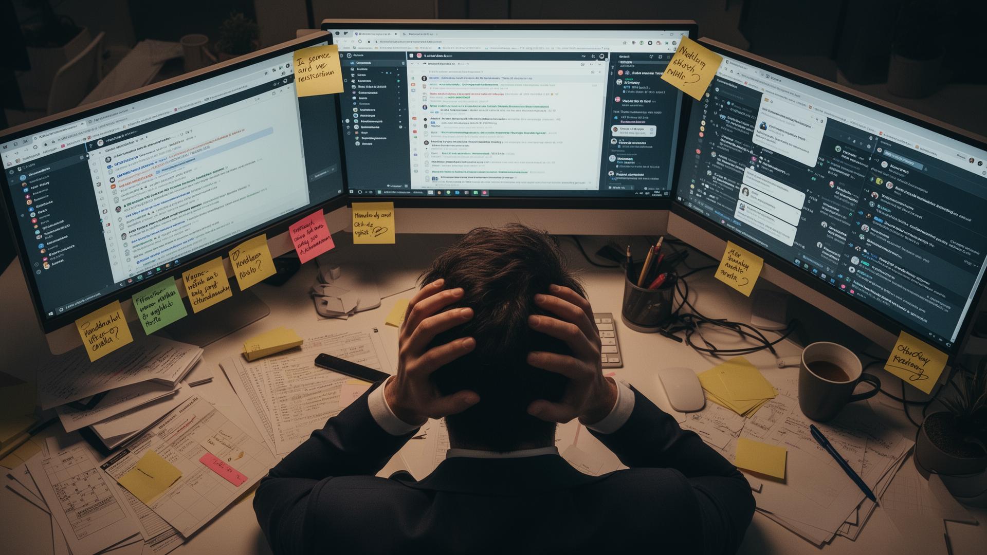 Overwhelmed business professional drowning in emails, tabs, and manual tasks — the problem OpenClaw solves