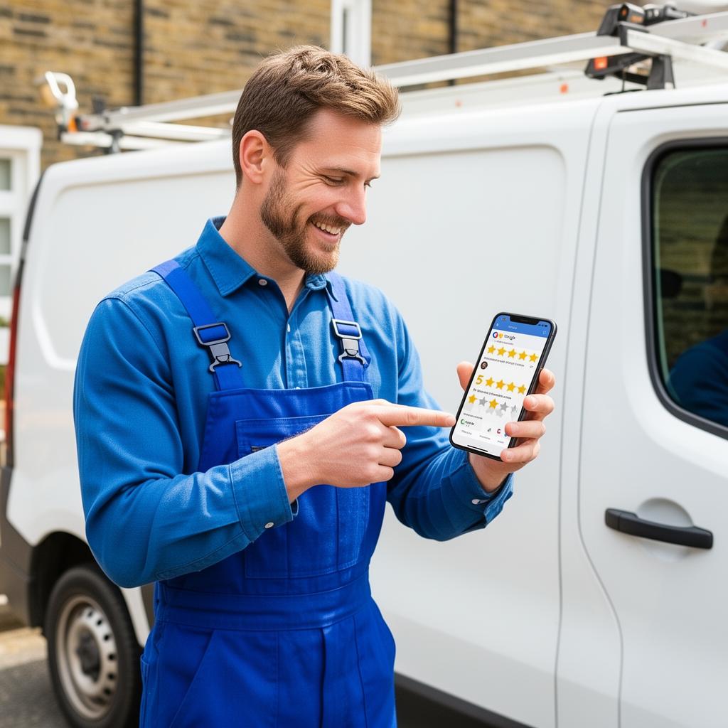 Happy tradesman checking Google reviews on phone
